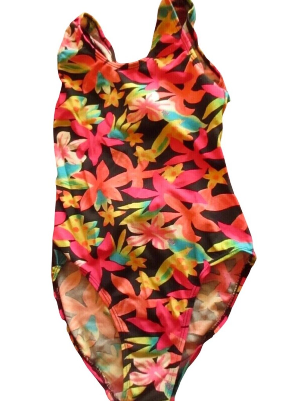 Vintage 1980's GIRLS 10 Swimsuit Medium  NYLON STRETCH COLORFUL PINK One Piece